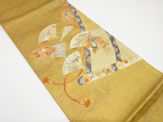 アンティーク　引箔　御簾に扇散らし模様織り出し袋帯（材料）